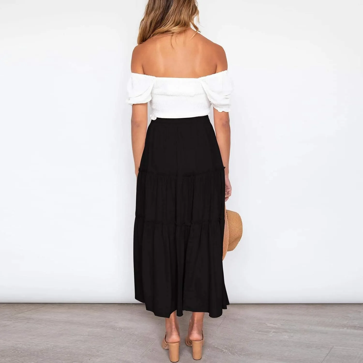 Beach Skirt for Summer Vacation High Elastic Waist Casual A Line Loose Solid Long Skirts for Women Trendy Clothes