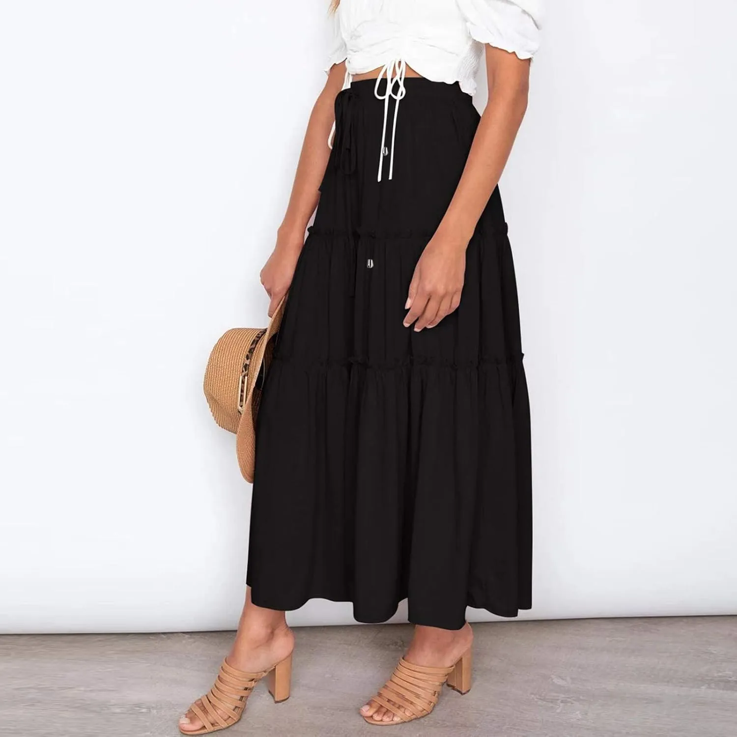 Beach Skirt for Summer Vacation High Elastic Waist Casual A Line Loose Solid Long Skirts for Women Trendy Clothes