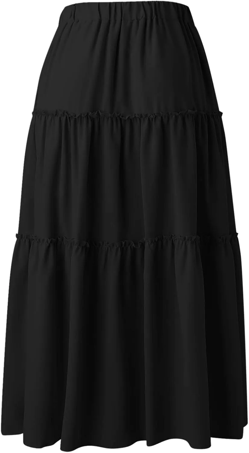 Beach Skirt for Summer Vacation High Elastic Waist Casual A Line Loose Solid Long Skirts for Women Trendy Clothes