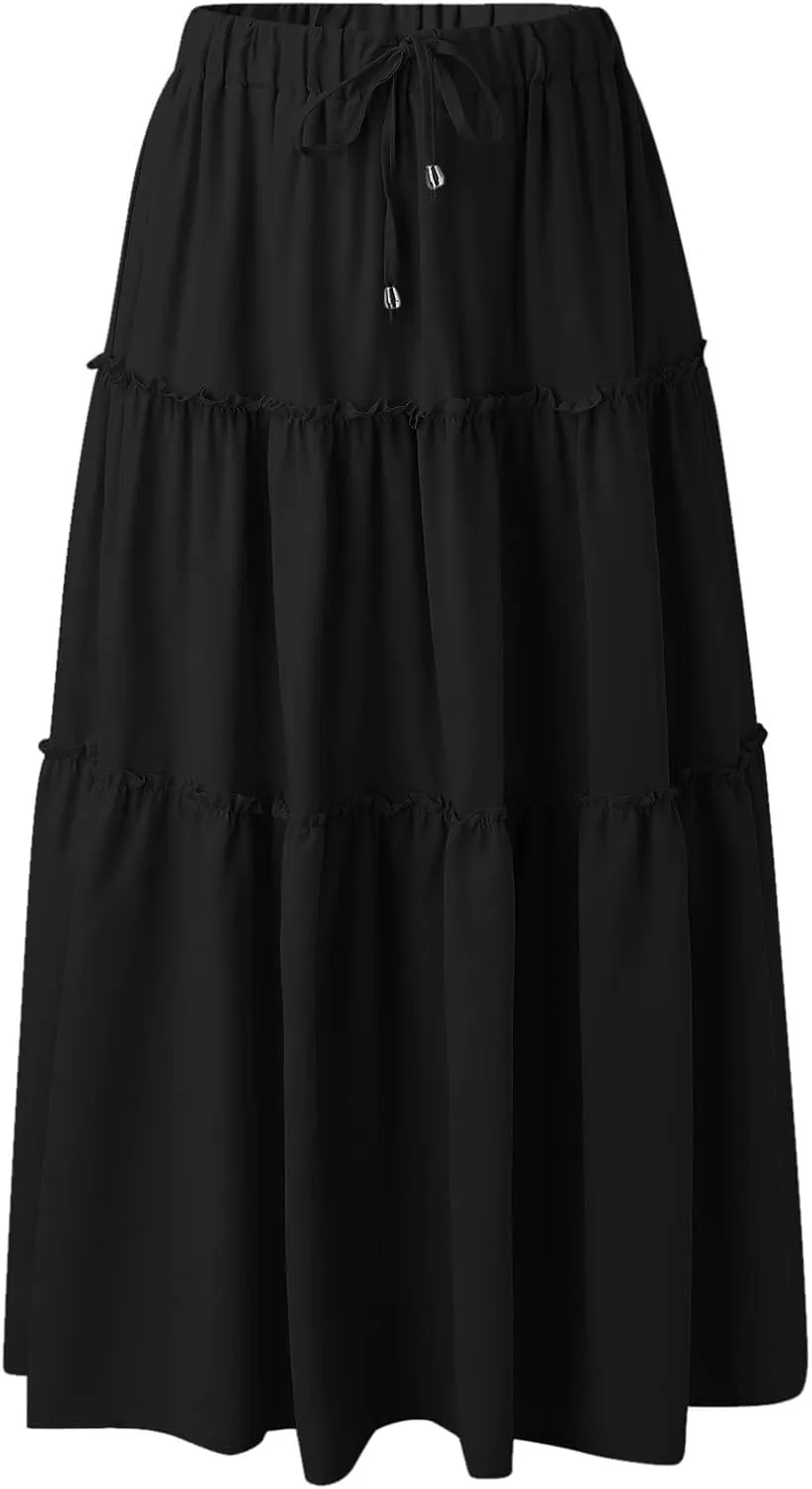Beach Skirt for Summer Vacation High Elastic Waist Casual A Line Loose Solid Long Skirts for Women Trendy Clothes