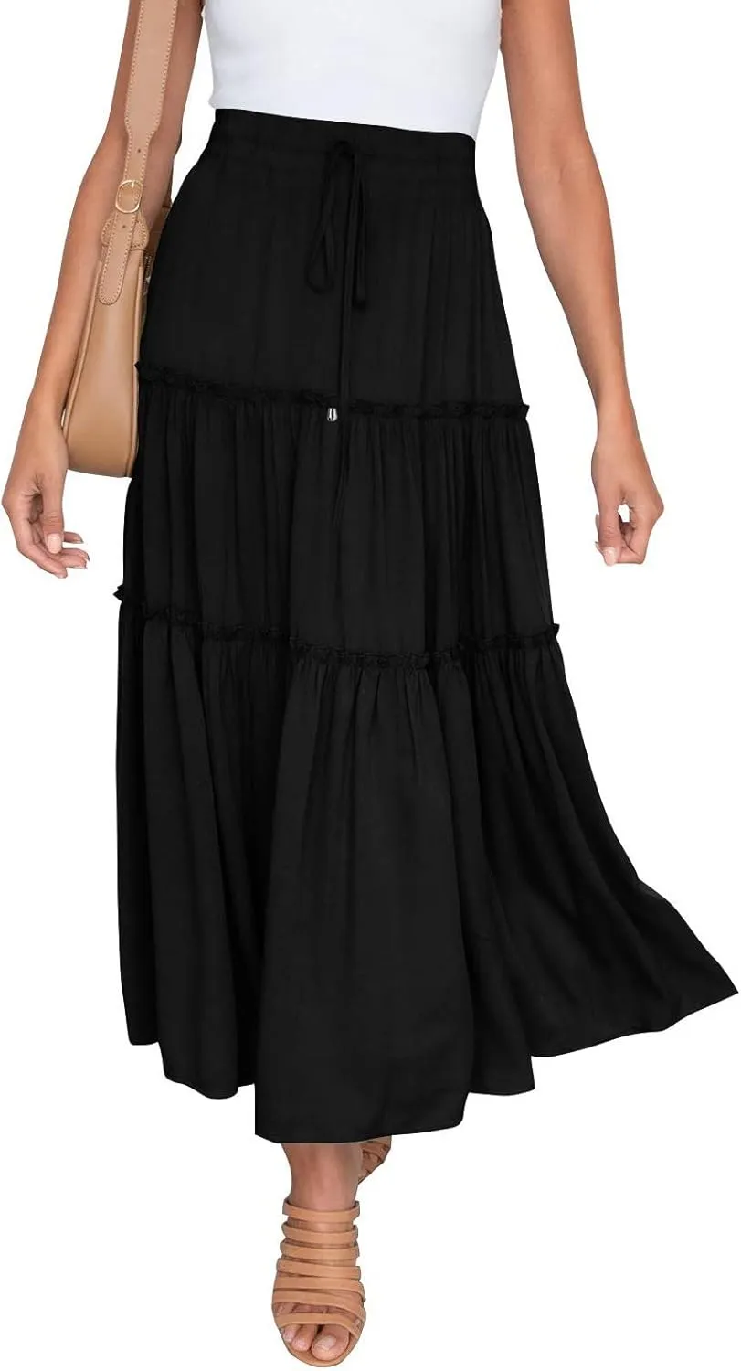 Beach Skirt for Summer Vacation High Elastic Waist Casual A Line Loose Solid Long Skirts for Women Trendy Clothes