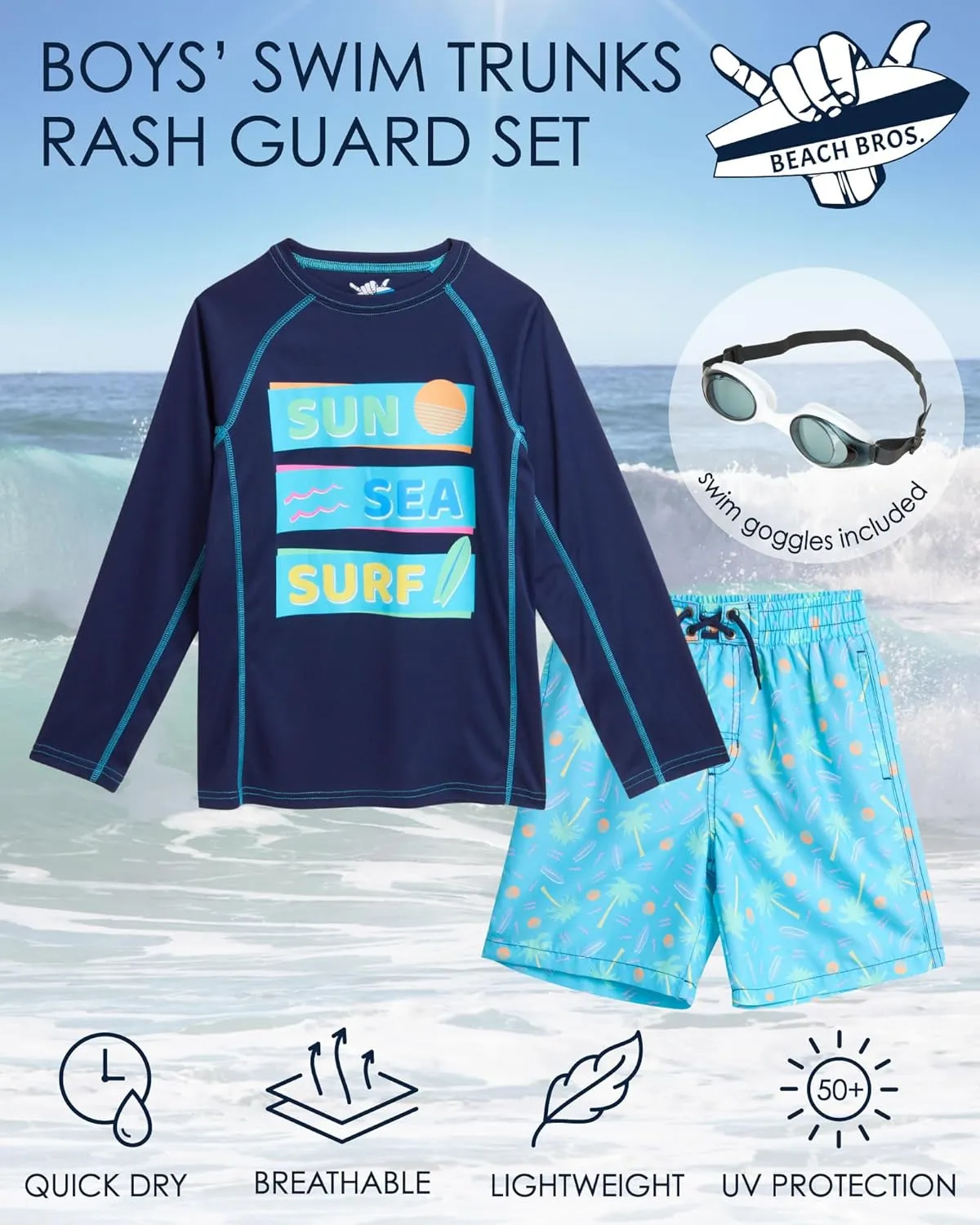 Boys' Rash Guard Set - 3 Piece UPF 50  Rash Guard Swim Shirt, Bathing Suit, Goggles - Swimwear for Boys (5-14)