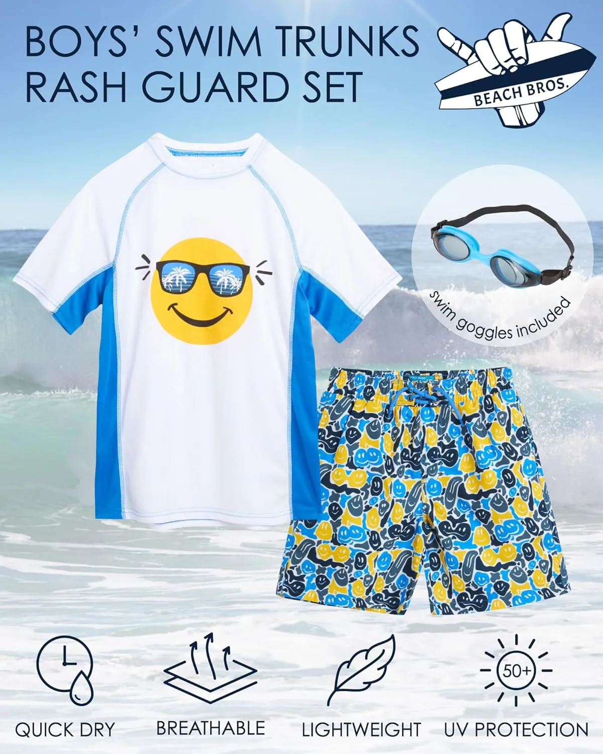 Boys' Rash Guard Set - 3 Piece UPF 50  Rash Guard Swim Shirt, Bathing Suit, Goggles - Swimwear for Boys (5-14)