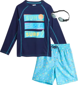 Boys' Rash Guard Set - 3 Piece UPF 50  Rash Guard Swim Shirt, Bathing Suit, Goggles - Swimwear for Boys (5-14)