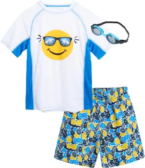 Boys' Rash Guard Set - 3 Piece UPF 50  Rash Guard Swim Shirt, Bathing Suit, Goggles - Swimwear for Boys (5-14)