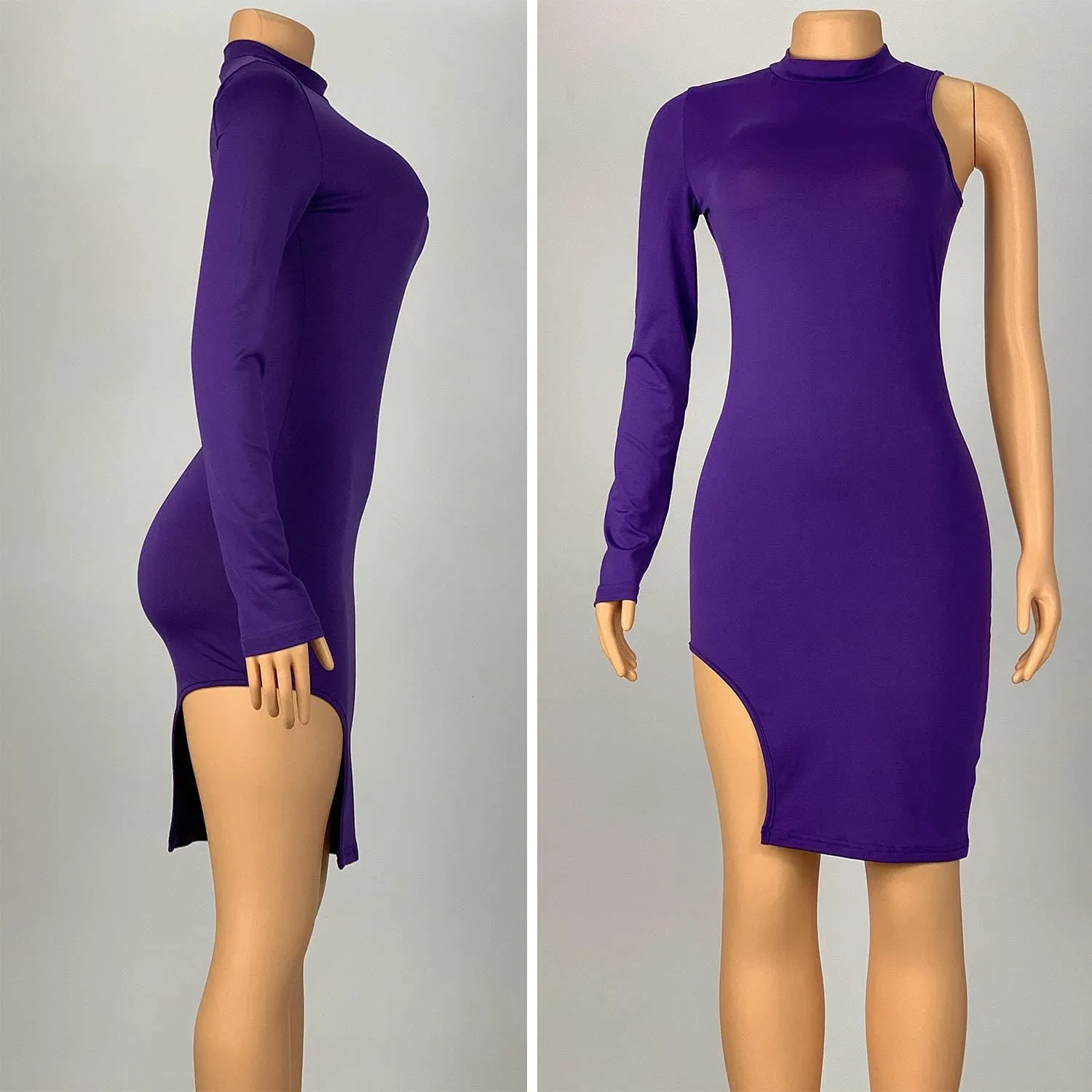BYDIVA Classy One Shoulder Long Sleeve Bodycon Side Slit Party Dresses Clubwear