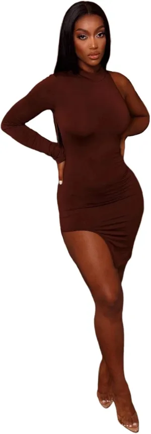 BYDIVA Classy One Shoulder Long Sleeve Bodycon Side Slit Party Dresses Clubwear