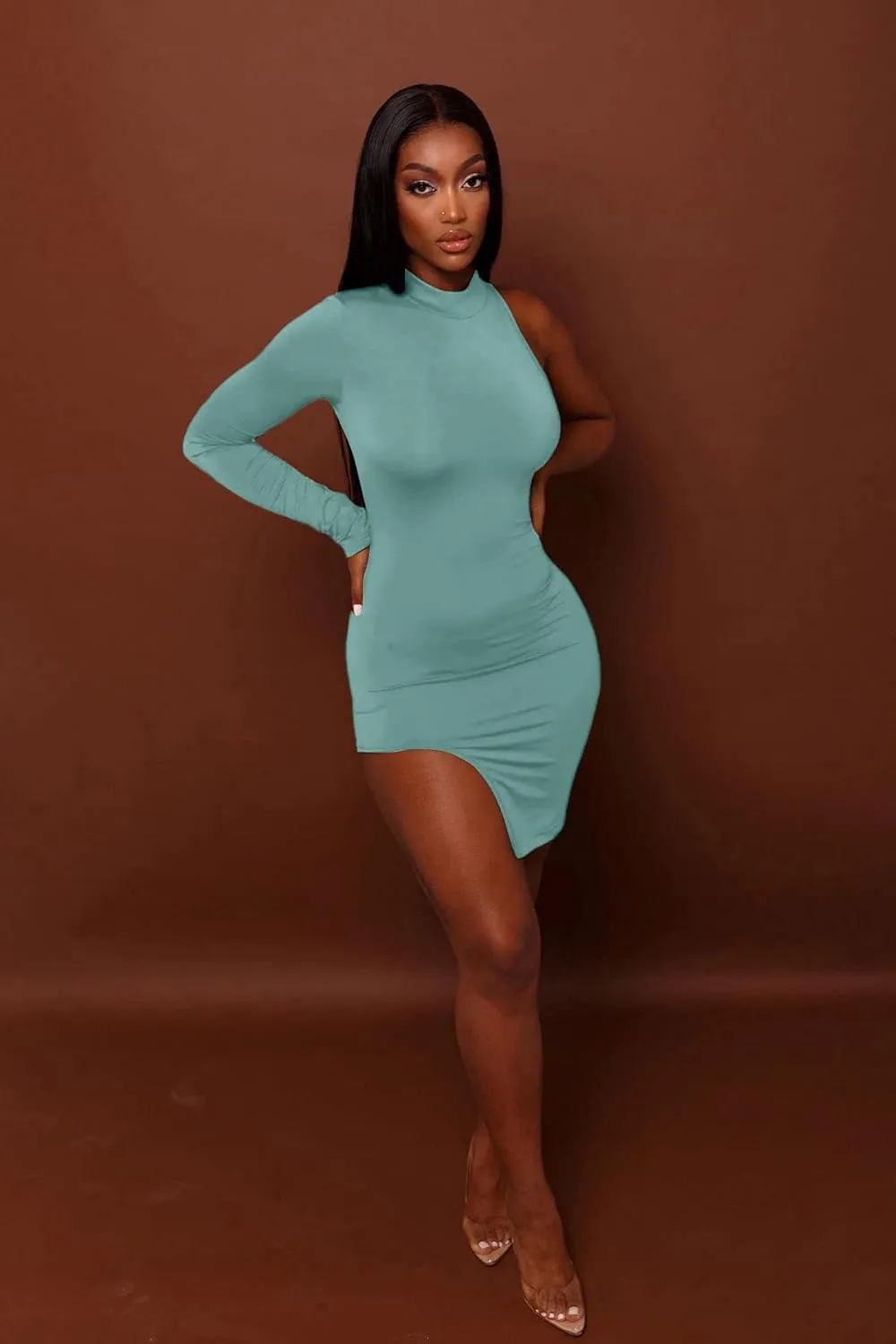 BYDIVA Classy One Shoulder Long Sleeve Bodycon Side Slit Party Dresses Clubwear