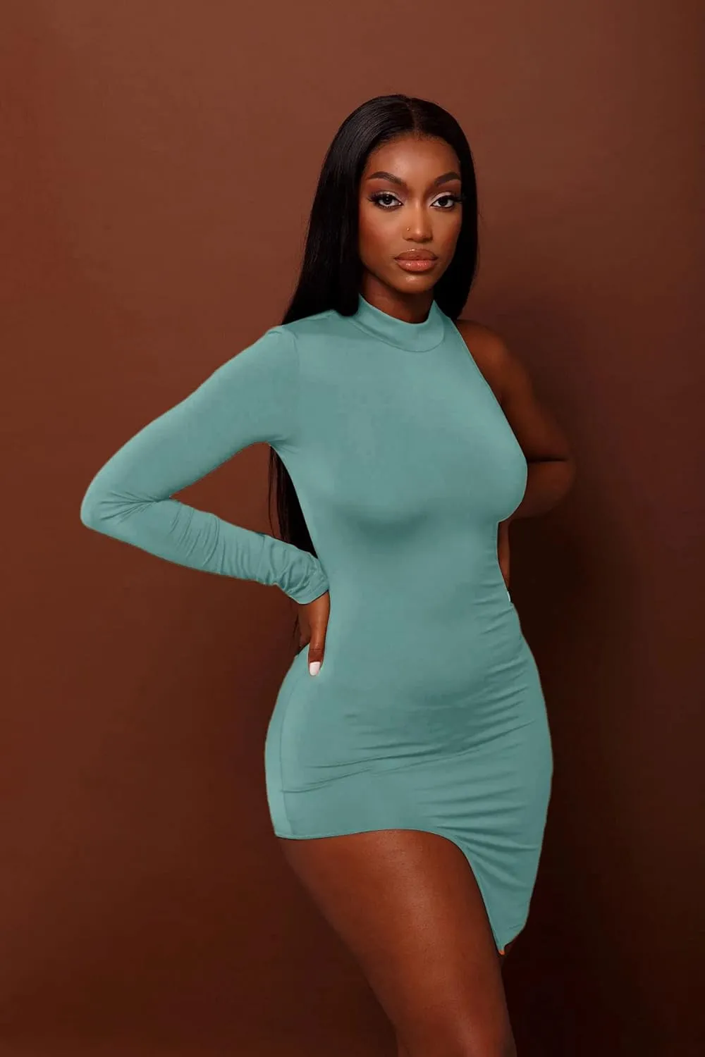 BYDIVA Classy One Shoulder Long Sleeve Bodycon Side Slit Party Dresses Clubwear