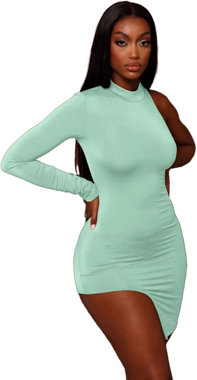 BYDIVA Classy One Shoulder Long Sleeve Bodycon Side Slit Party Dresses Clubwear