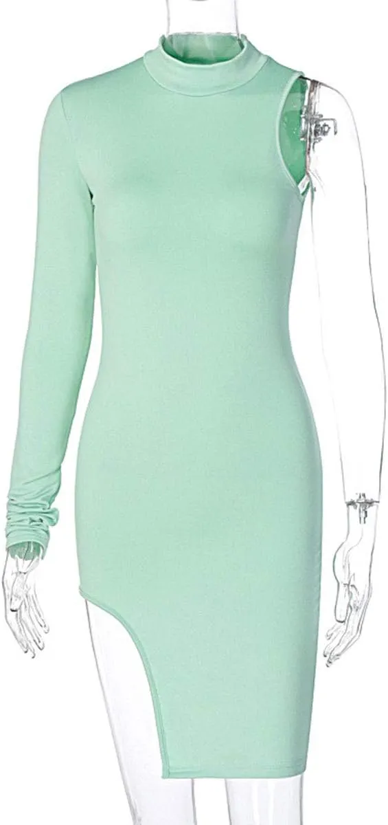 BYDIVA Classy One Shoulder Long Sleeve Bodycon Side Slit Party Dresses Clubwear