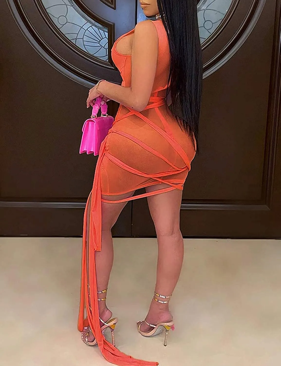 BYDIVA Ribbons Multilayer Mesh See Through Bodycon Party Dress Clubwear