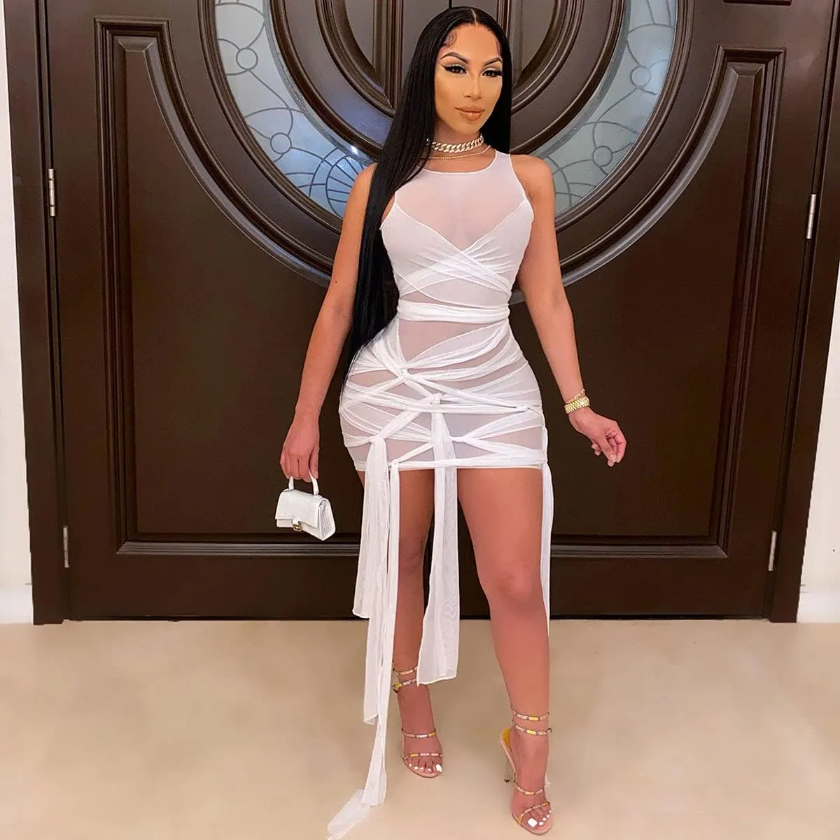 BYDIVA Ribbons Multilayer Mesh See Through Bodycon Party Dress Clubwear