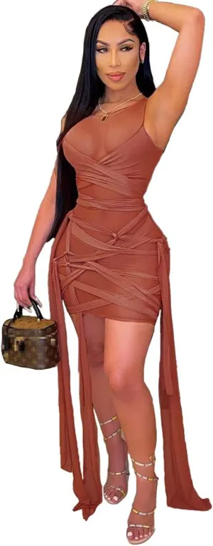 BYDIVA Ribbons Multilayer Mesh See Through Bodycon Party Dress Clubwear