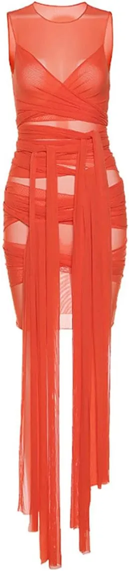BYDIVA Ribbons Multilayer Mesh See Through Bodycon Party Dress Clubwear