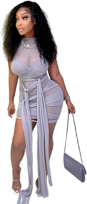 BYDIVA Ribbons Multilayer Mesh See Through Bodycon Party Dress Clubwear