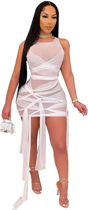 BYDIVA Ribbons Multilayer Mesh See Through Bodycon Party Dress Clubwear