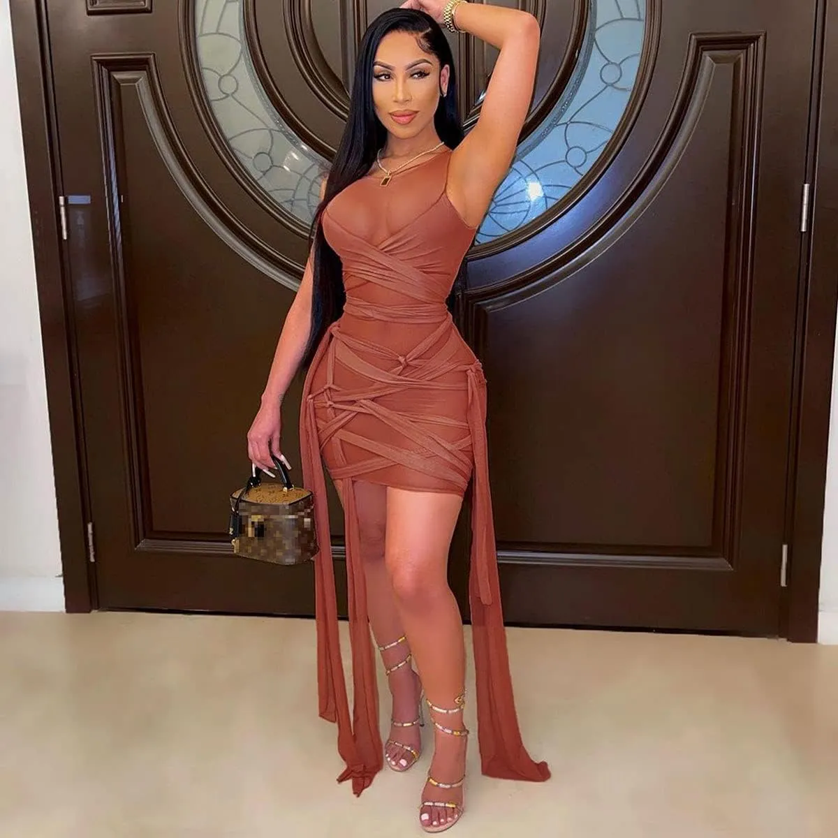 BYDIVA Ribbons Multilayer Mesh See Through Bodycon Party Dress Clubwear