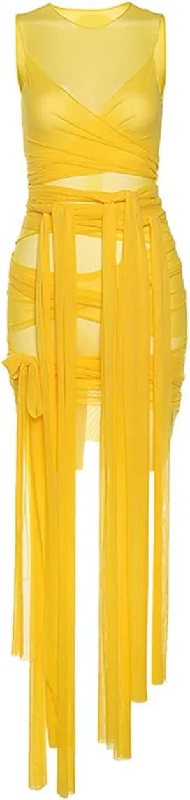 BYDIVA Ribbons Multilayer Mesh See Through Bodycon Party Dress Clubwear