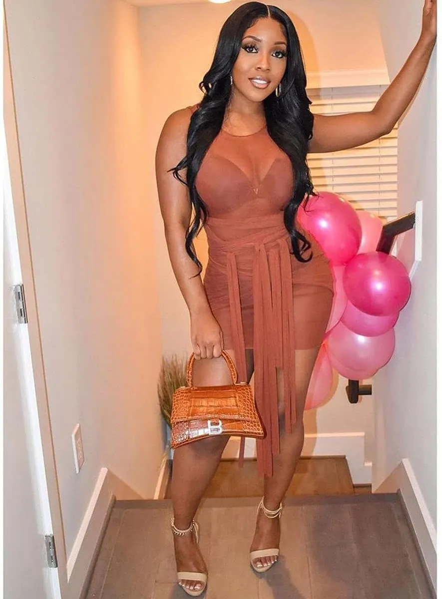 BYDIVA Ribbons Multilayer Mesh See Through Bodycon Party Dress Clubwear