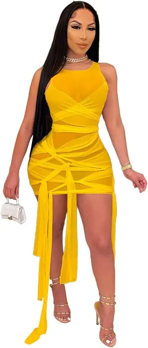 BYDIVA Ribbons Multilayer Mesh See Through Bodycon Party Dress Clubwear
