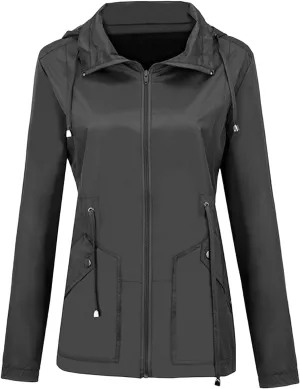 Canbebig Women Lightweight Waterproof Rain Jacket Hooded Drawstring Raincoats Active Outdoor Travel Hiking Windbreaker Pocket