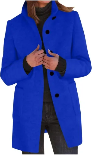 Canbebig Womens Pea Coats Wool Blend Coats Stand Collar Jackets Long Sleeve Overcoats Oversized Long Jackets with Pockets