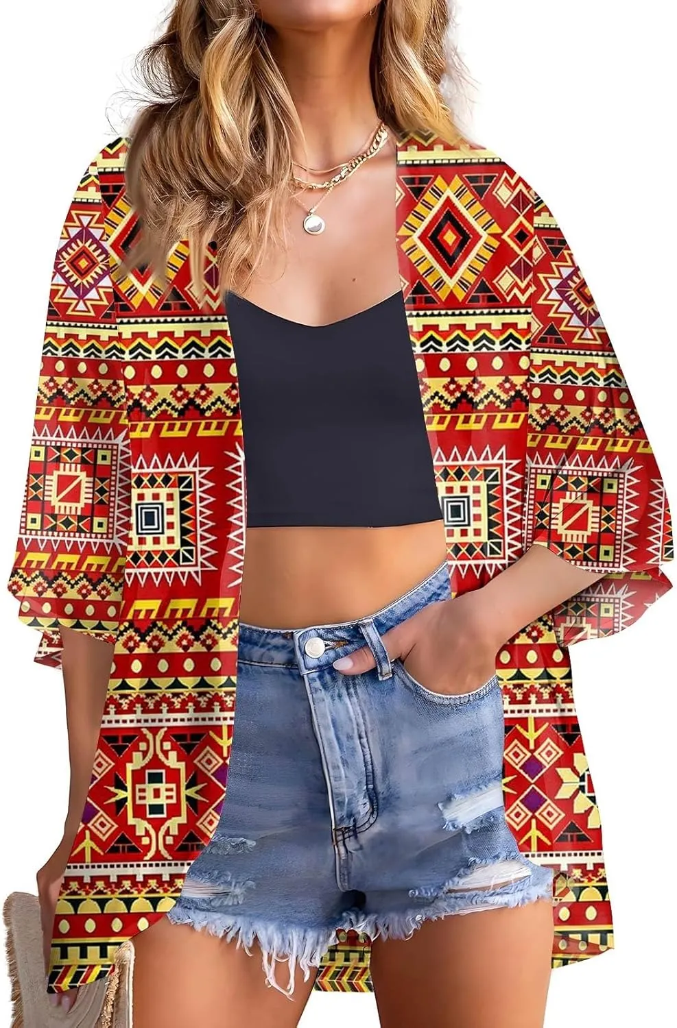 Cardigan for Women 3/4 Sleeve Lightweight Summer Kimono Cardigan Floral Print Loose Casual Beach Cover Up Tops 2025