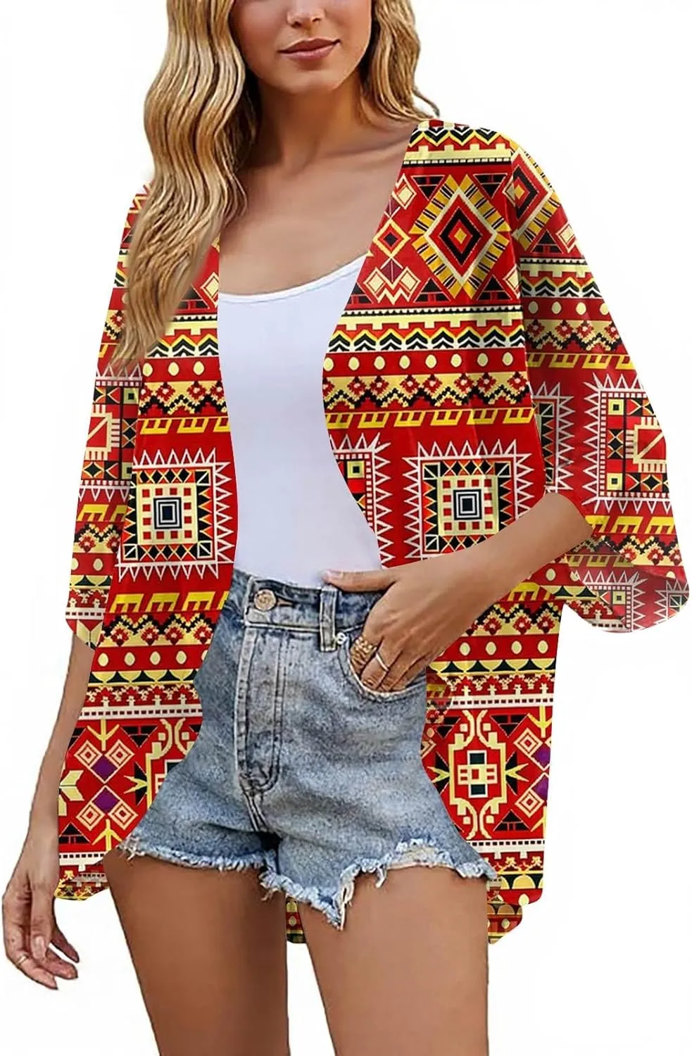 Cardigan for Women 3/4 Sleeve Lightweight Summer Kimono Cardigan Floral Print Loose Casual Beach Cover Up Tops 2025