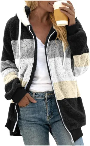Casual Fuzzy Fleece Long Sleeves Hooded Cardigan For Women Solid Zip Up Coats Fuzzy Hooded Jacket Outerwear Pockets