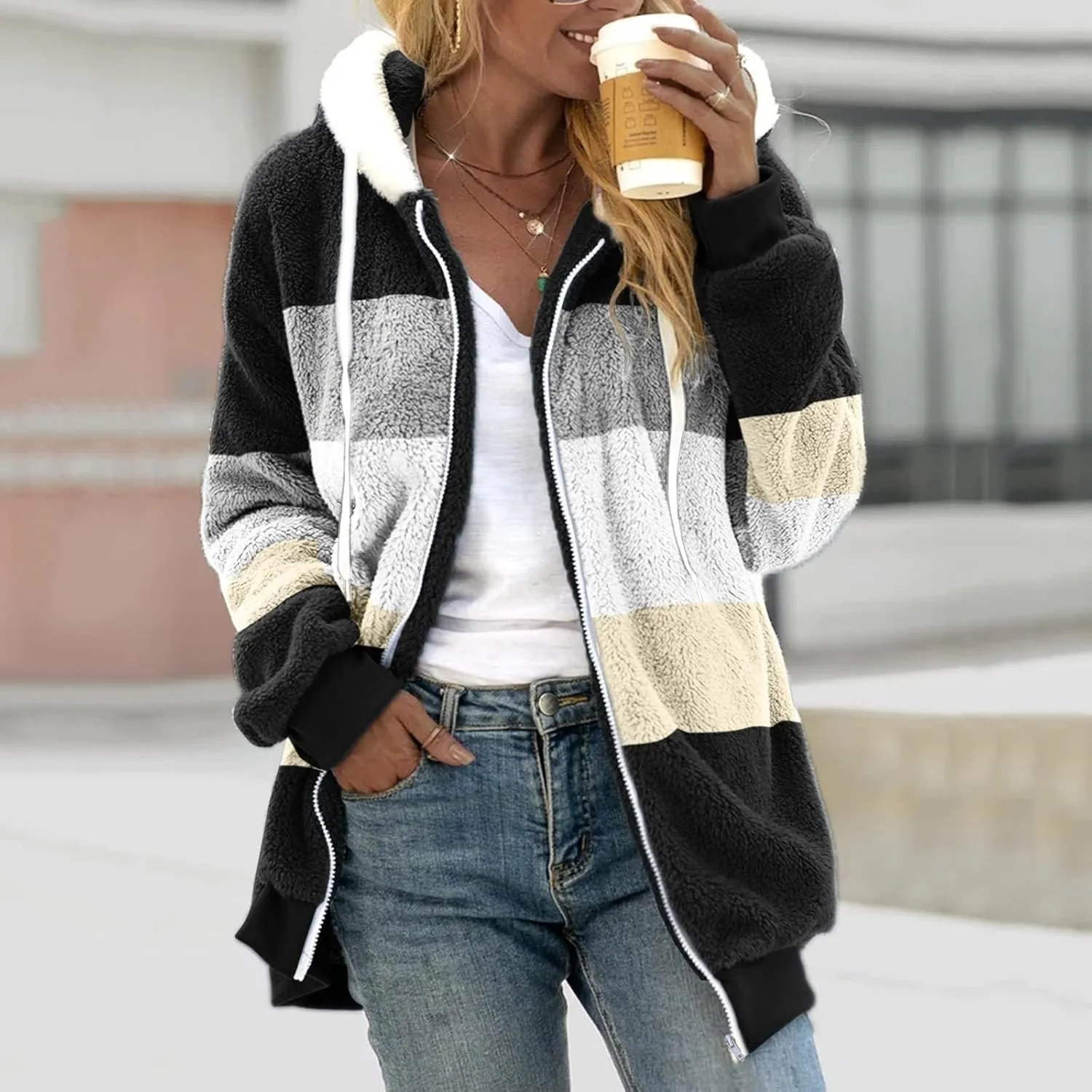 Casual Fuzzy Fleece Long Sleeves Hooded Cardigan For Women Solid Zip Up Coats Fuzzy Hooded Jacket Outerwear Pockets