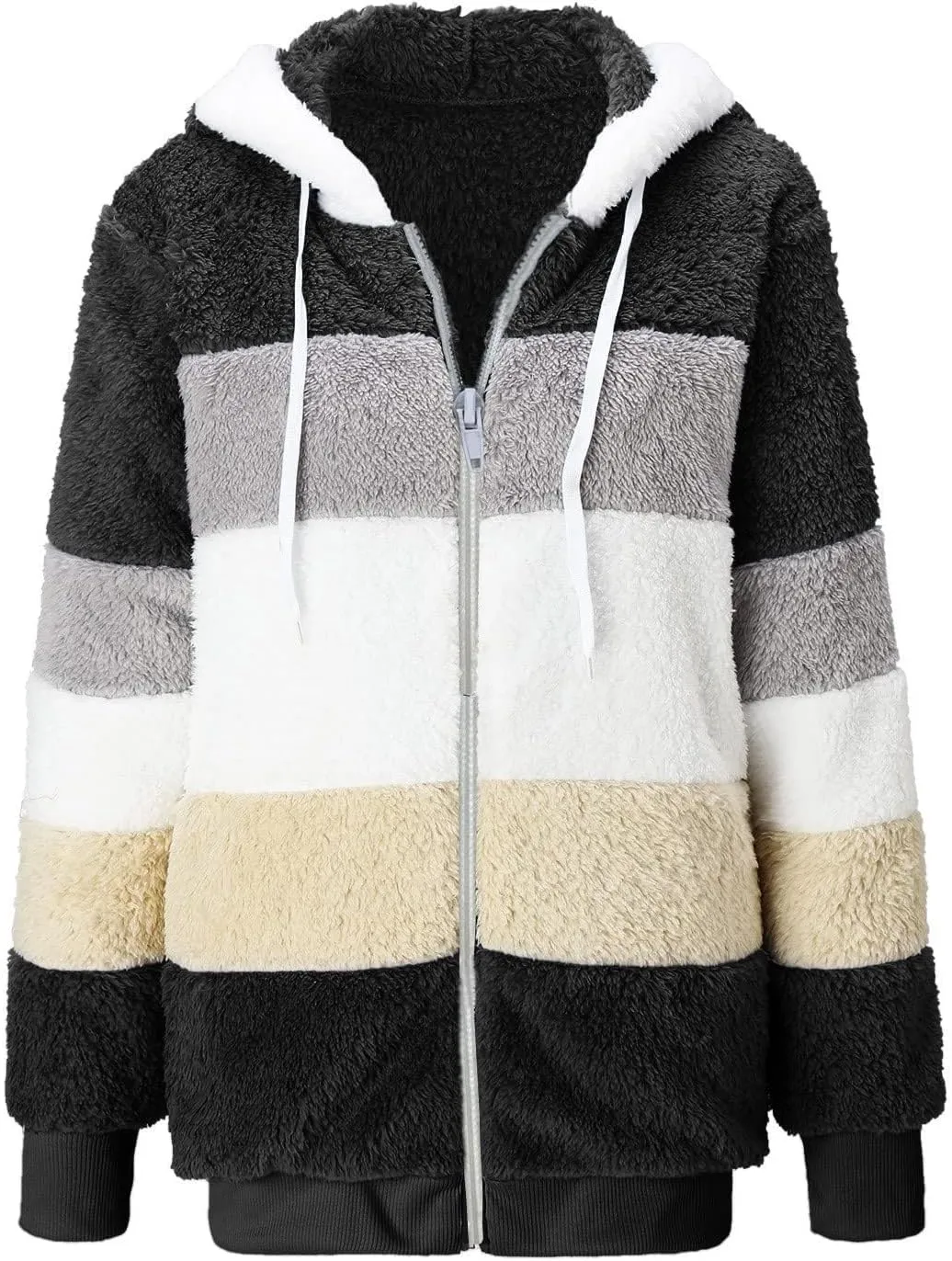 Casual Fuzzy Fleece Long Sleeves Hooded Cardigan For Women Solid Zip Up Coats Fuzzy Hooded Jacket Outerwear Pockets