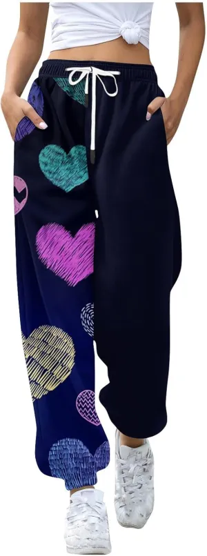 Cinch Bottom Sweatpants for Women with Pockets Cute Heart Print Workout Active Joggers Pants Baggy Lounge Bottoms