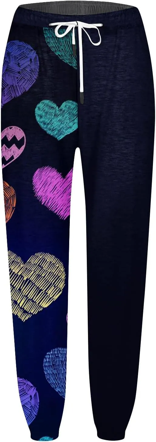Cinch Bottom Sweatpants for Women with Pockets Cute Heart Print Workout Active Joggers Pants Baggy Lounge Bottoms
