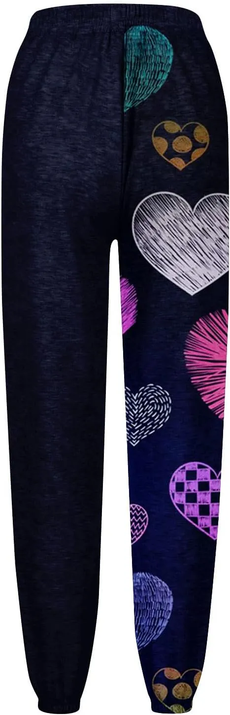 Cinch Bottom Sweatpants for Women with Pockets Cute Heart Print Workout Active Joggers Pants Baggy Lounge Bottoms