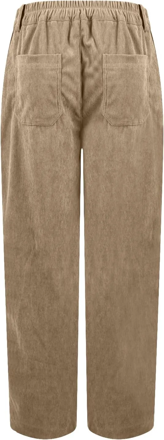 Corduroy Pants Women Business Baggy Wide Leg Dress Pants High Waisted Comfy Work Pants with Pockets Ankle Pants