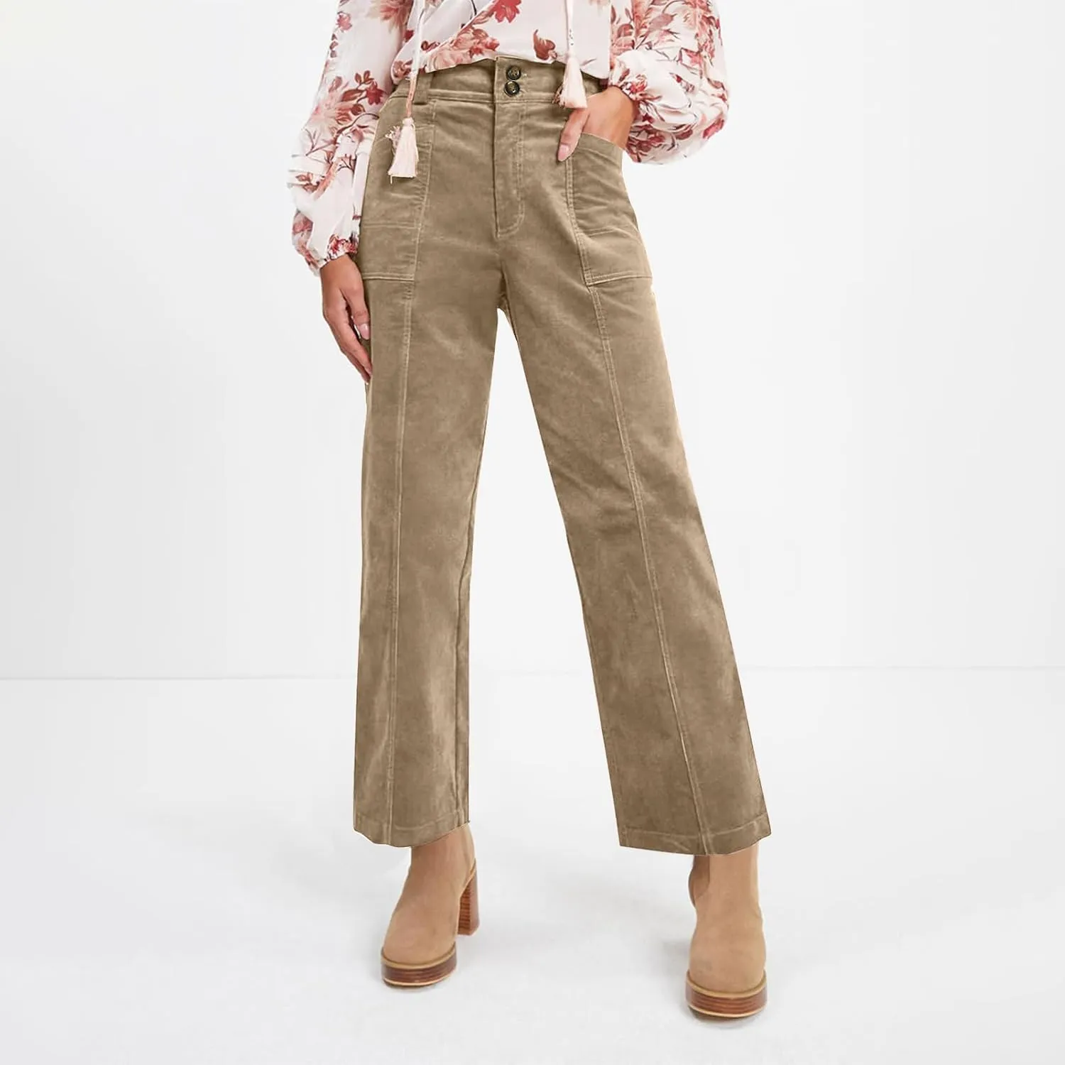Corduroy Pants Women Business Baggy Wide Leg Dress Pants High Waisted Comfy Work Pants with Pockets Ankle Pants