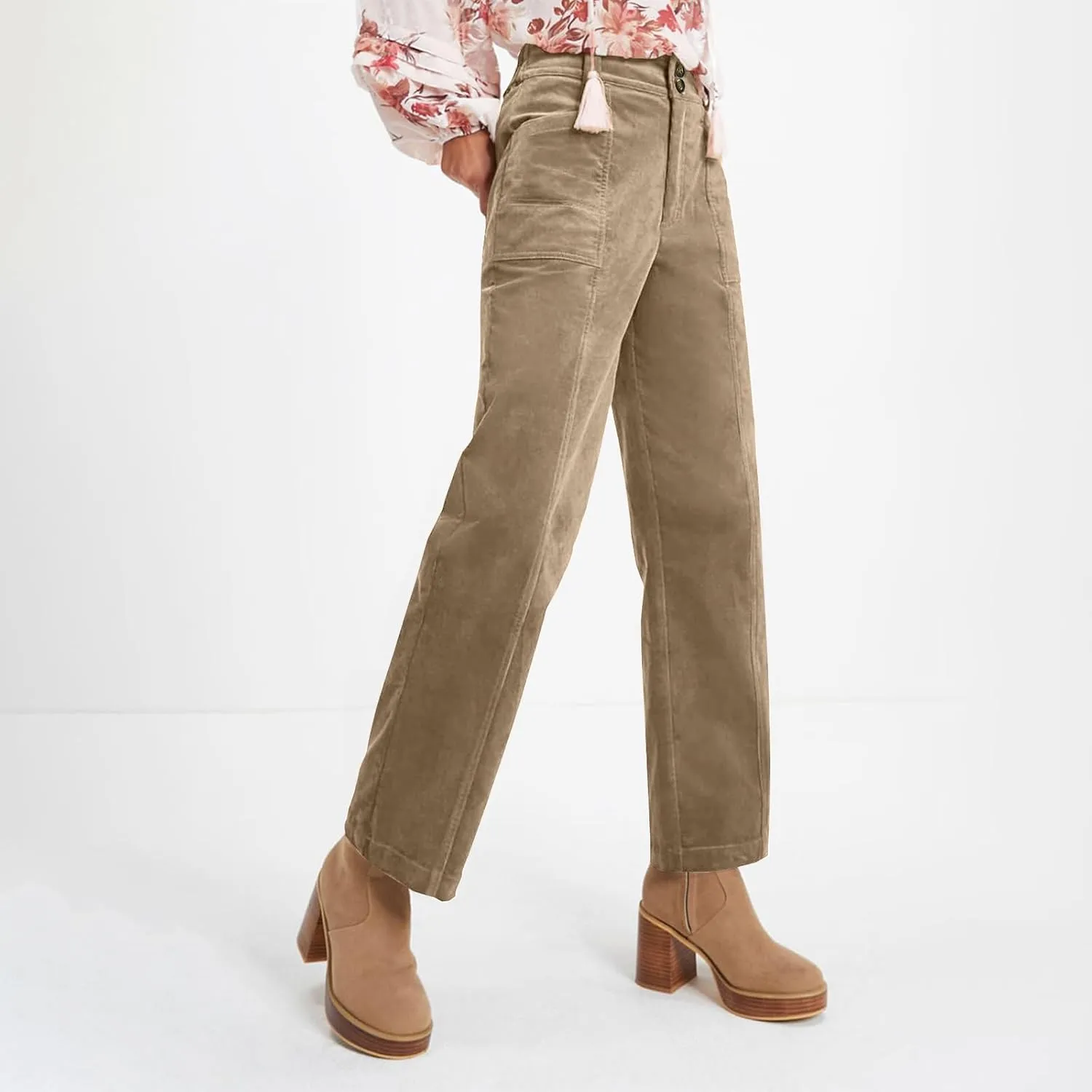 Corduroy Pants Women Business Baggy Wide Leg Dress Pants High Waisted Comfy Work Pants with Pockets Ankle Pants