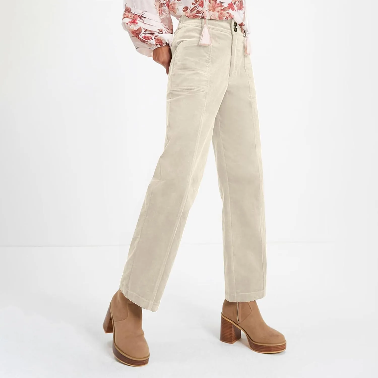 Corduroy Pants Women Business Baggy Wide Leg Dress Pants High Waisted Comfy Work Pants with Pockets Ankle Pants