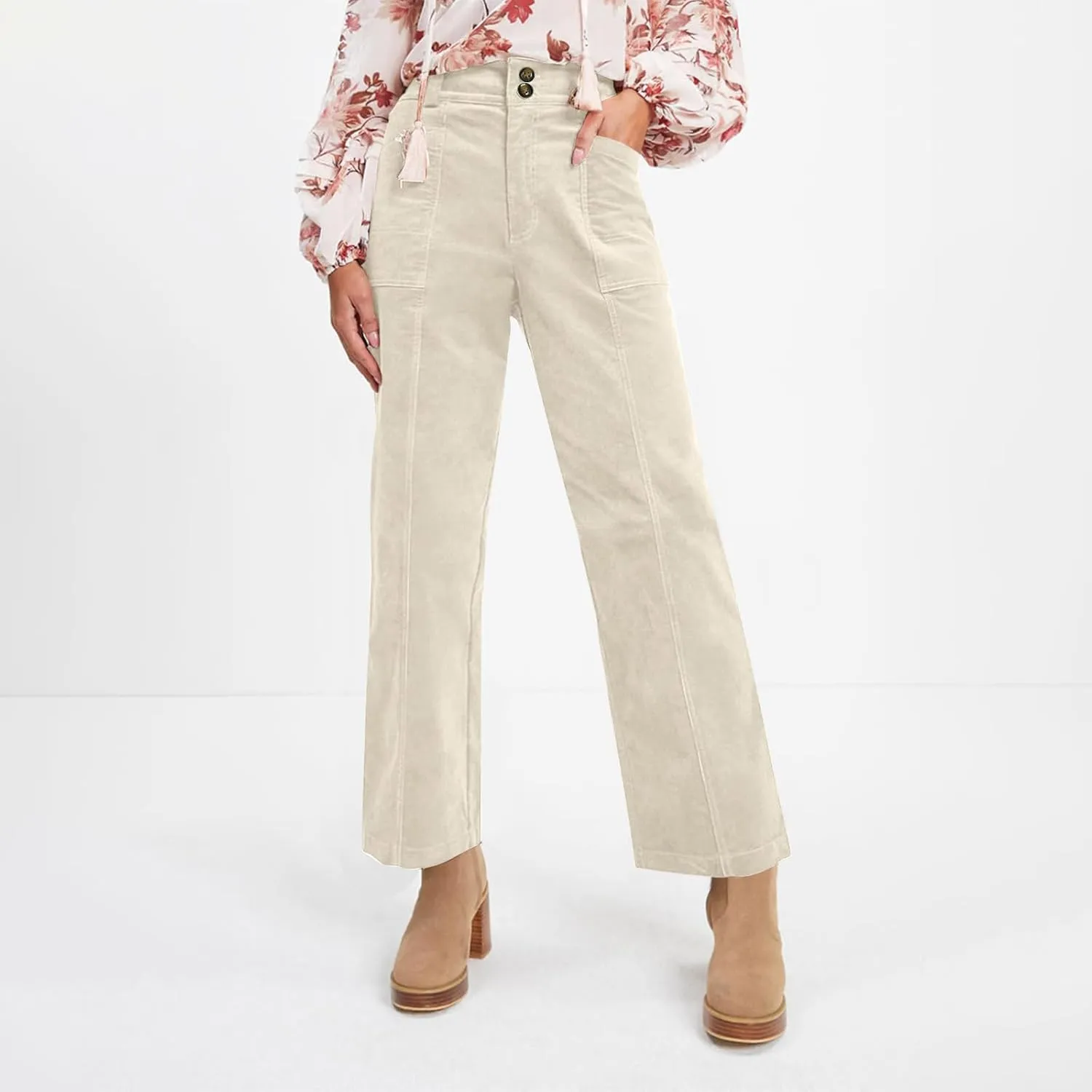Corduroy Pants Women Business Baggy Wide Leg Dress Pants High Waisted Comfy Work Pants with Pockets Ankle Pants