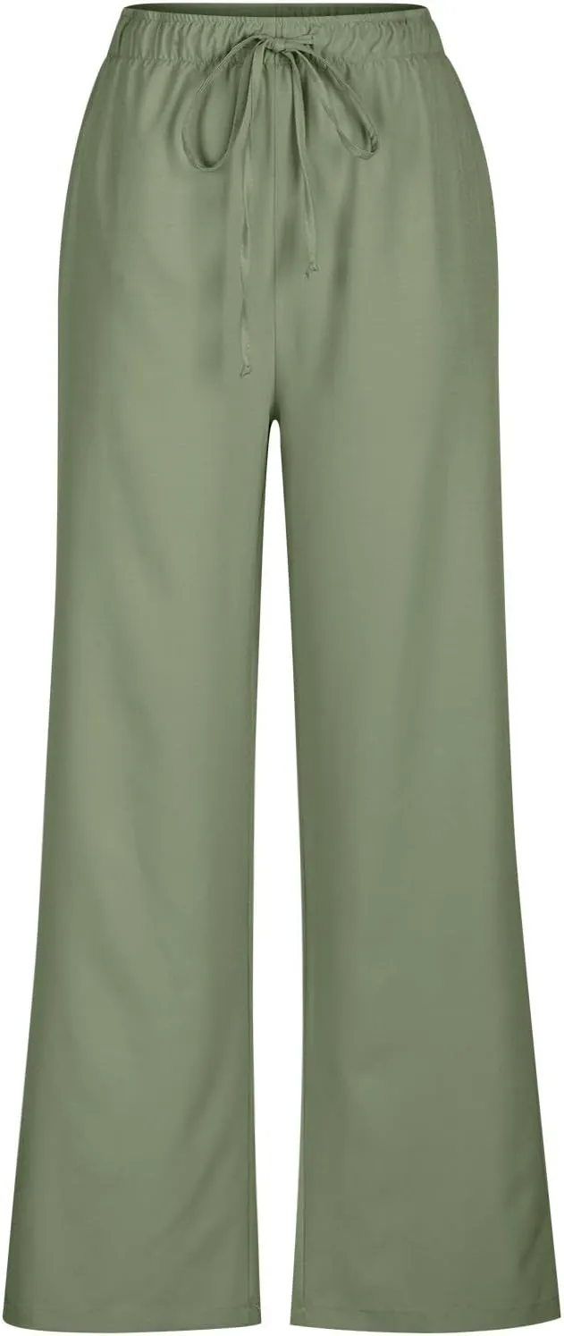 Cotton Linen Pants Women Bootcut Linen Wide Leg Pants Elastic High Waisted Trousers Palazzo Pants Baggy Lounge Pants