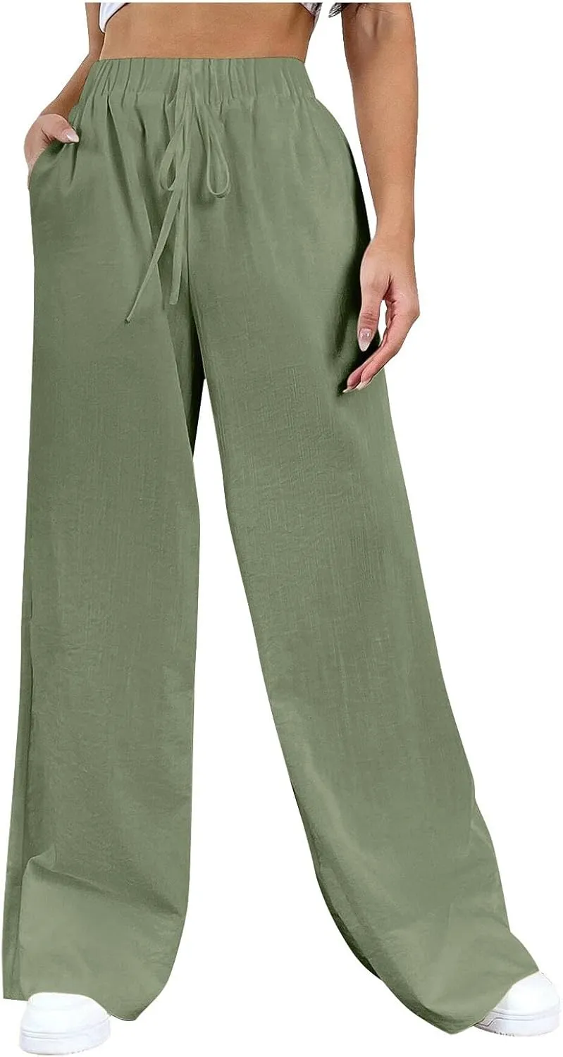 Cotton Linen Pants Women Bootcut Linen Wide Leg Pants Elastic High Waisted Trousers Palazzo Pants Baggy Lounge Pants