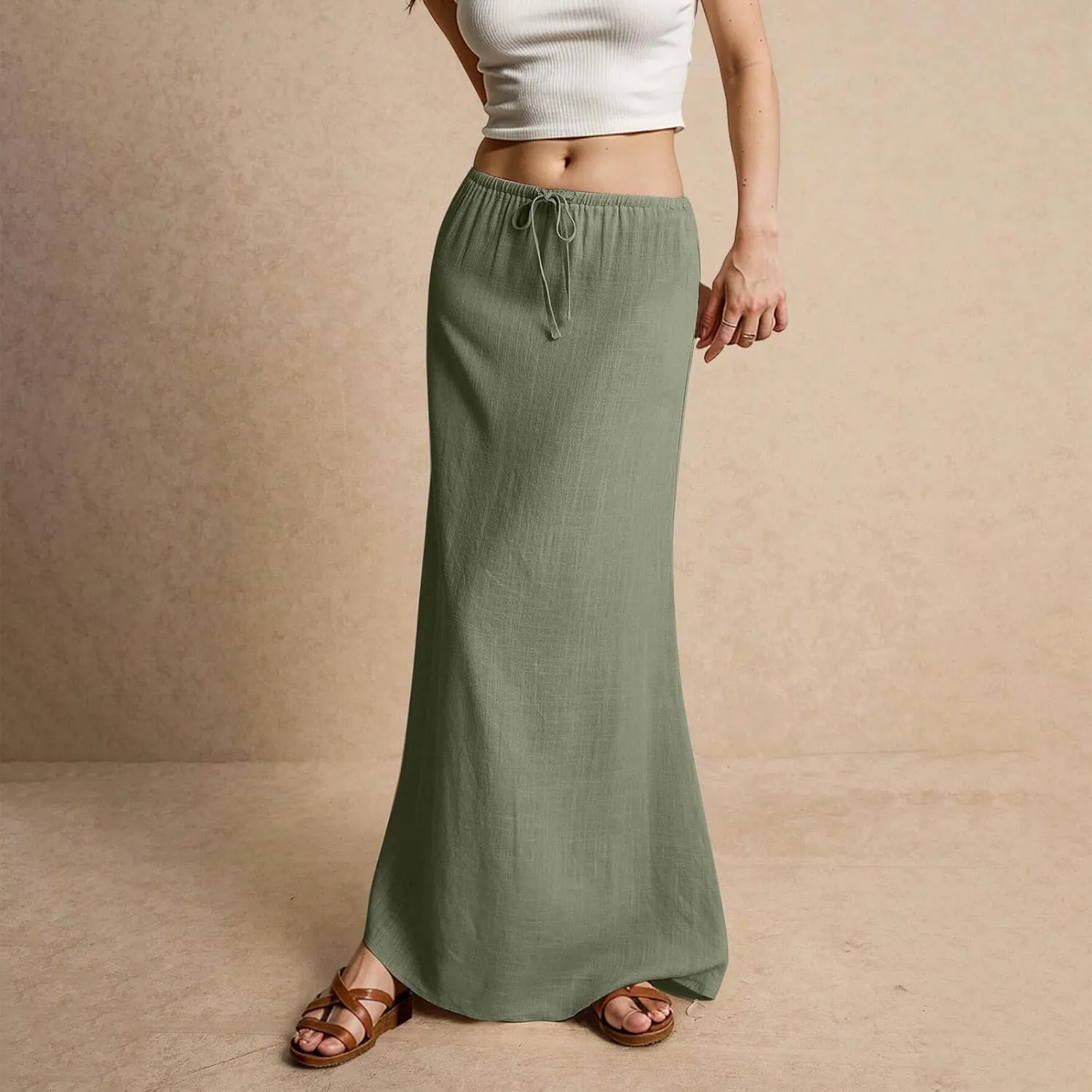 Cotton Linen Skirts for Women Maxi Length Summer Skirts Drawstring Low Rise A-Line Casual Loose Flowy Long Beach Skirt