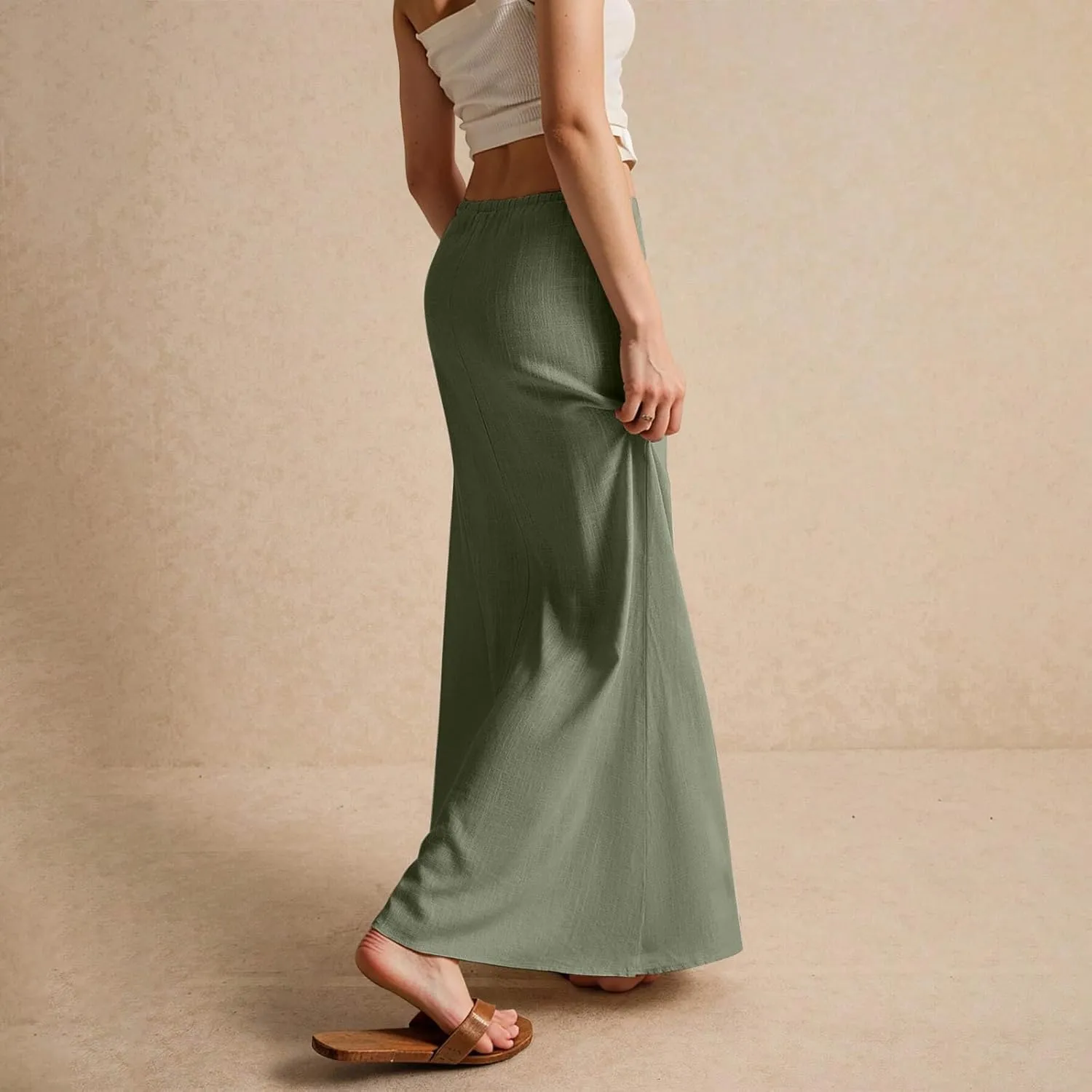 Cotton Linen Skirts for Women Maxi Length Summer Skirts Drawstring Low Rise A-Line Casual Loose Flowy Long Beach Skirt