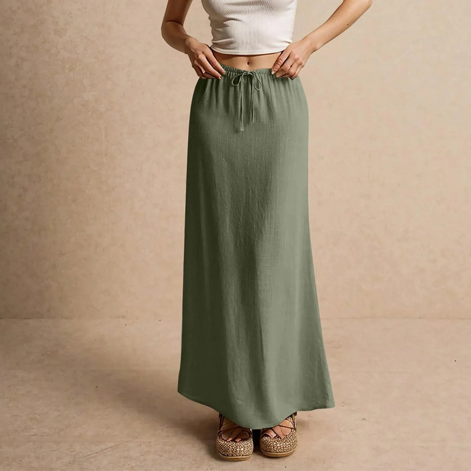 Cotton Linen Skirts for Women Maxi Length Summer Skirts Drawstring Low Rise A-Line Casual Loose Flowy Long Beach Skirt