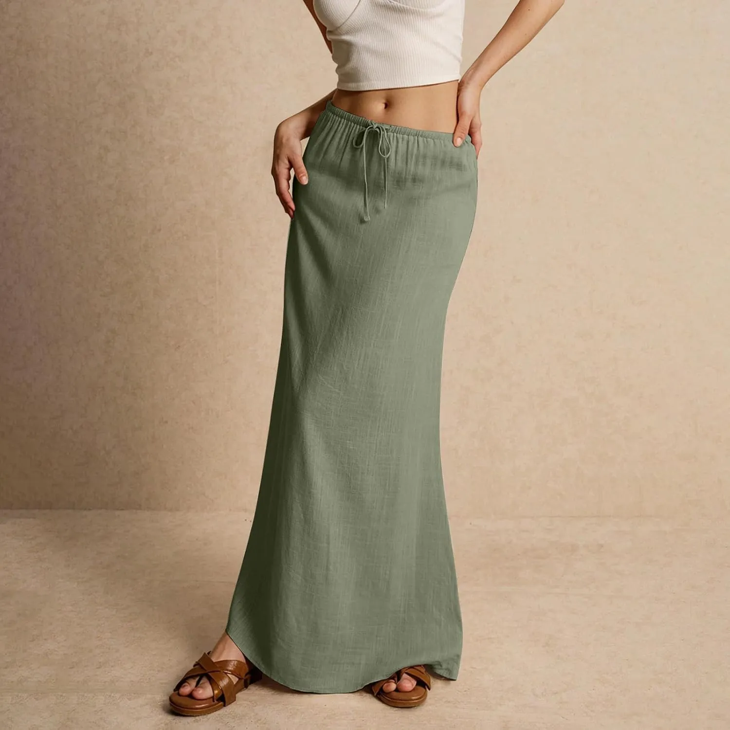 Cotton Linen Skirts for Women Maxi Length Summer Skirts Drawstring Low Rise A-Line Casual Loose Flowy Long Beach Skirt