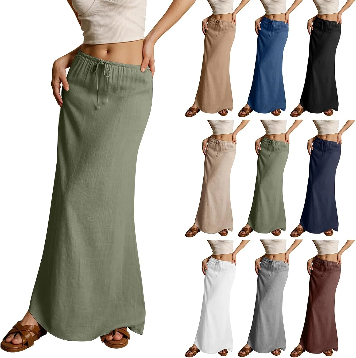 Cotton Linen Skirts for Women Maxi Length Summer Skirts Drawstring Low Rise A-Line Casual Loose Flowy Long Beach Skirt