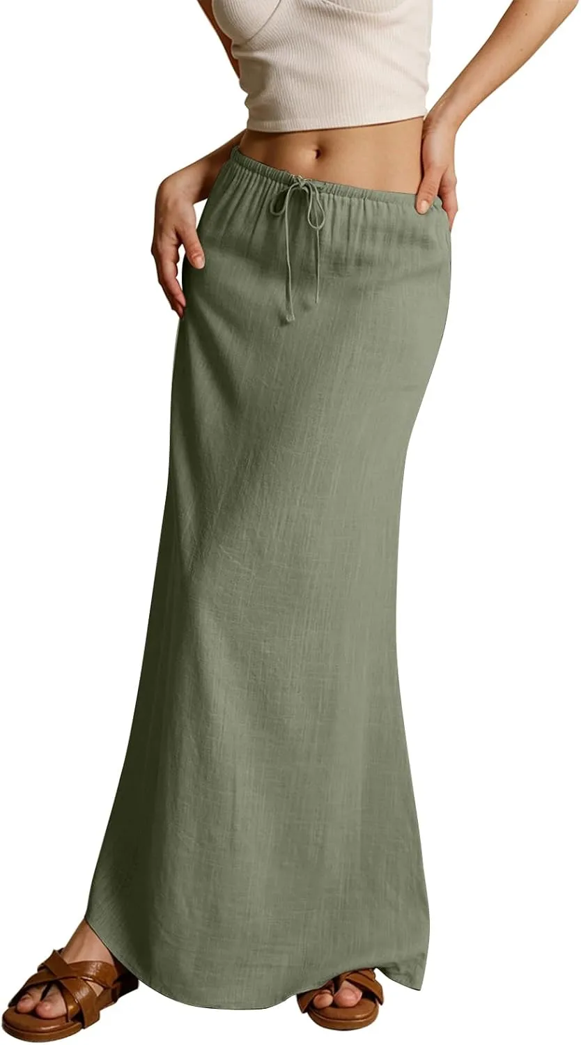 Cotton Linen Skirts for Women Maxi Length Summer Skirts Drawstring Low Rise A-Line Casual Loose Flowy Long Beach Skirt