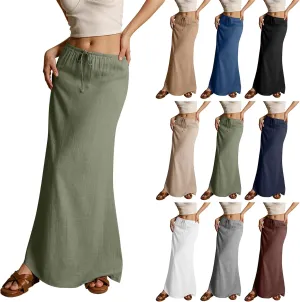 Cotton Linen Skirts for Women Maxi Length Summer Skirts Drawstring Low Rise A-Line Casual Loose Flowy Long Beach Skirt