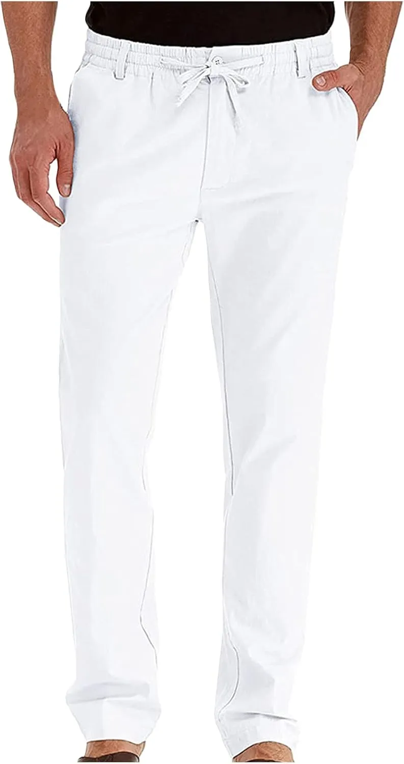 Cotton Men's Casual Elastic Waist Drawstring Straight Leg Comfortable Lounge Daily Summer Beachwear Relaxed Bottoms